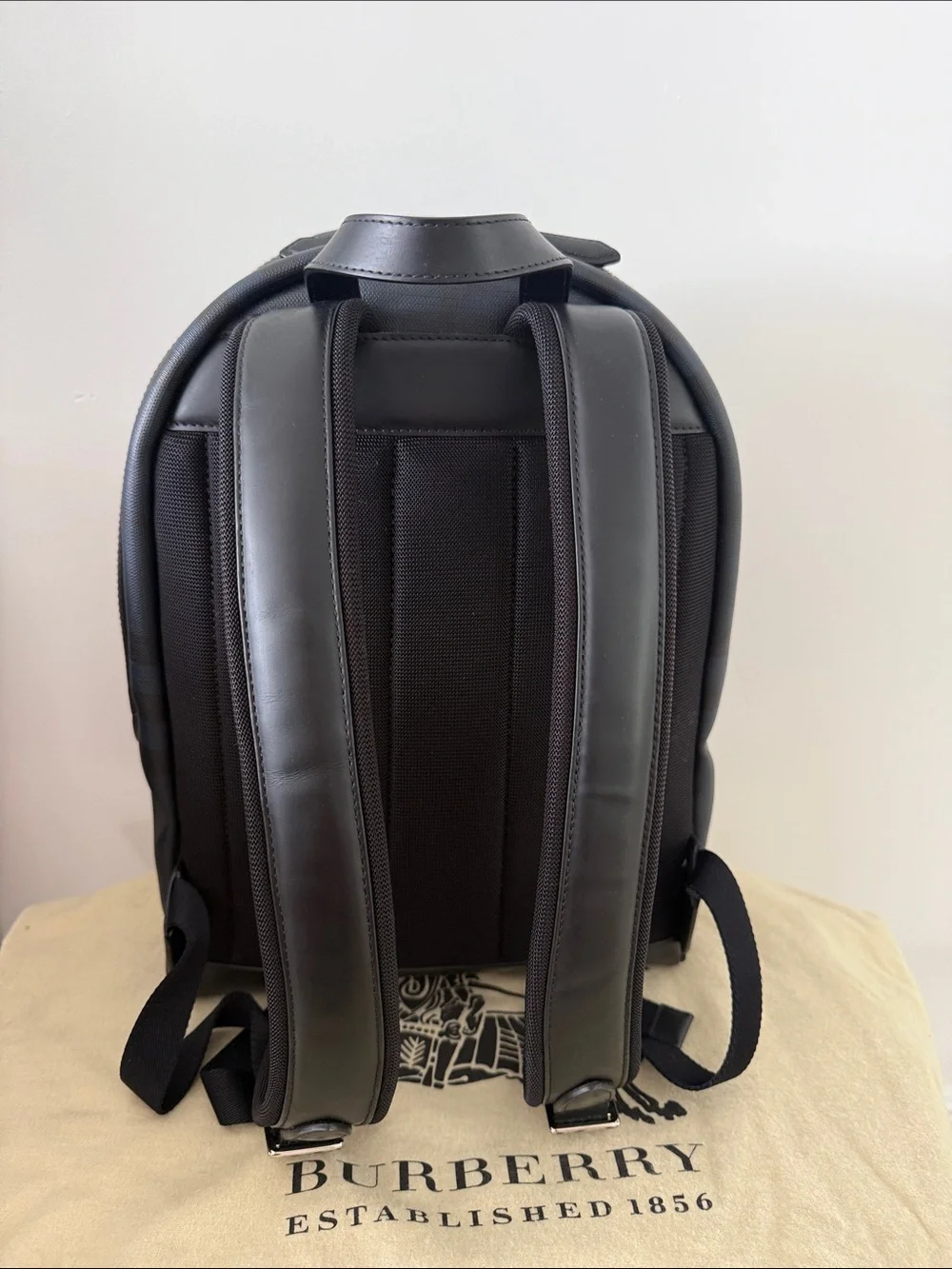 New Burberry Marden Black and Navy Check Leather-Trim Backpack